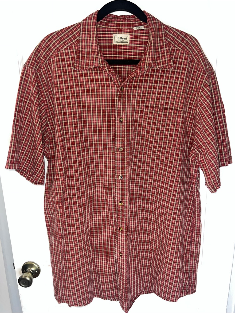 L.L. Bean Red Plaid Short-Sleeve Button-Down Shirt 100% Cotton Sz XL Tall